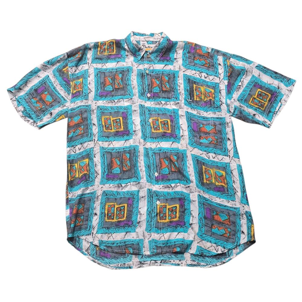 Retro Protest Abstract Design 100% Silk Multi Color Button Up Short Sleeve Shirt